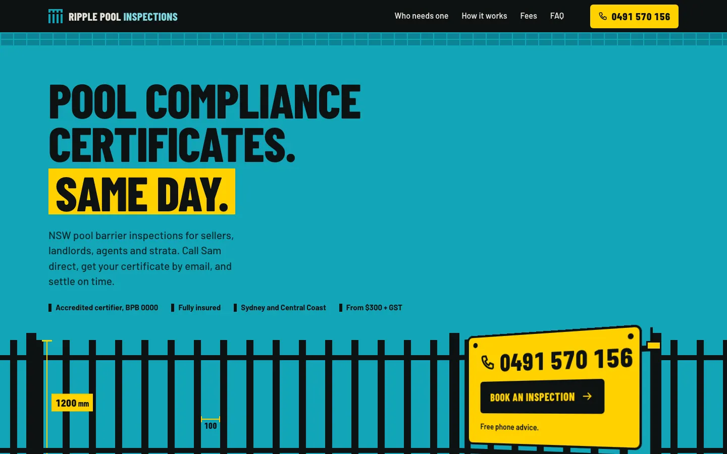 Home page of Ripple Pool Inspections, an example website by Lumeen